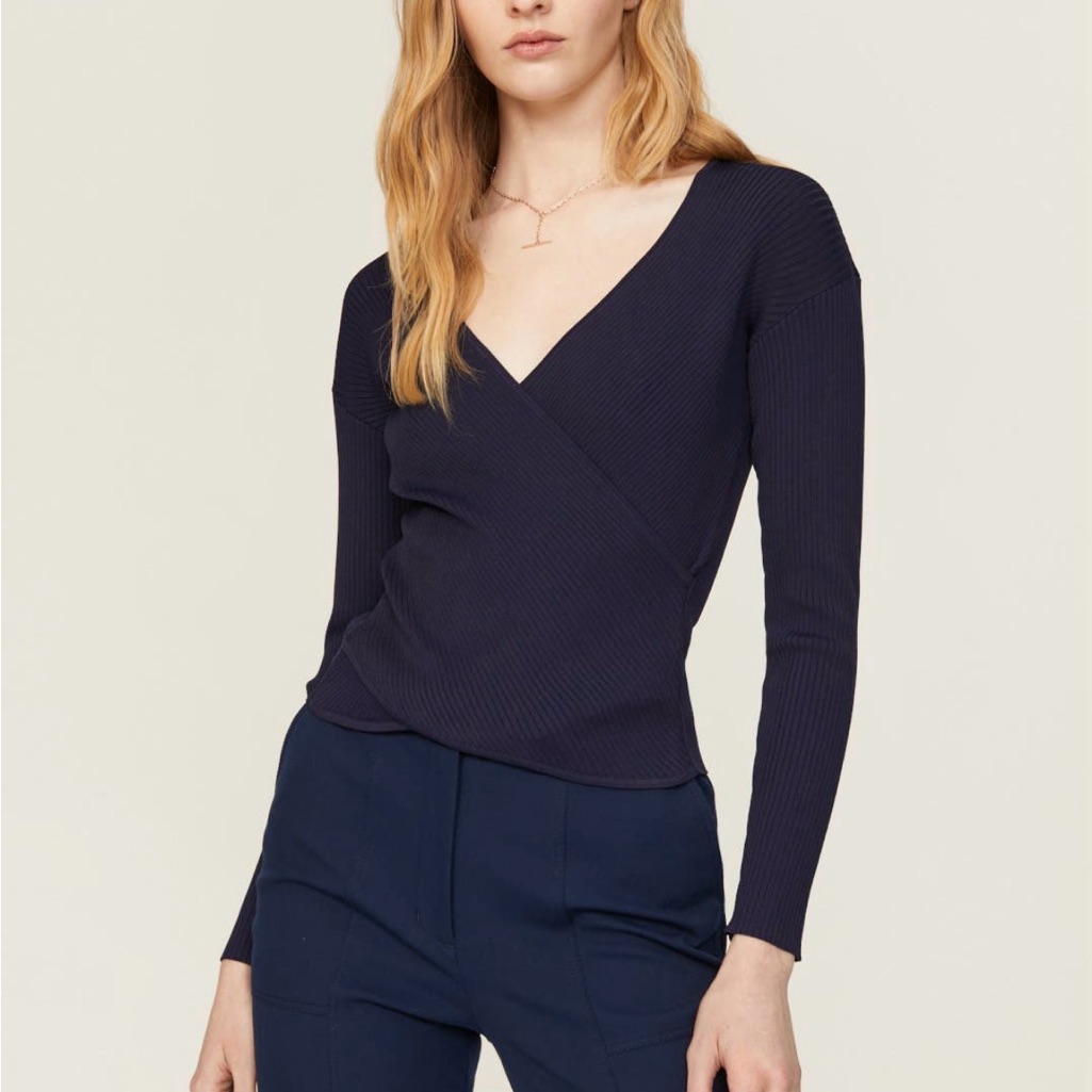 Simkhai Maci Wrap Top Navy Blue Ribbed Knit Long Sleeve Size S $295 Retail